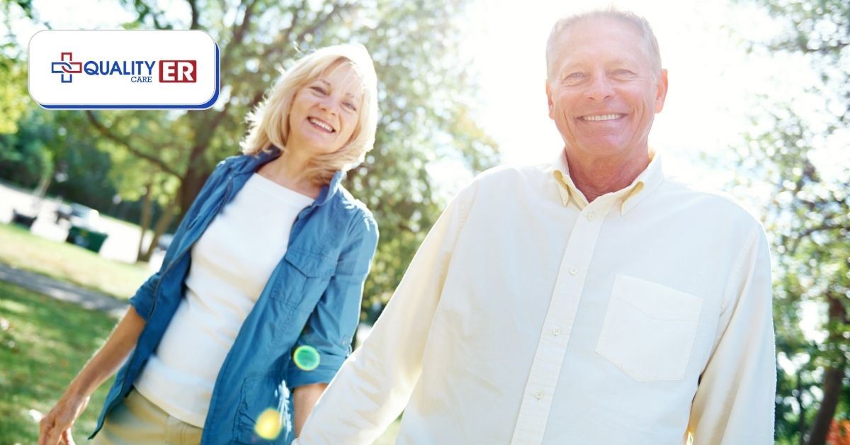 elderly couple walking during spring